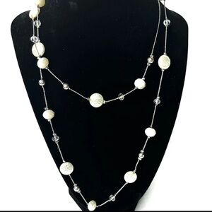 Vintage Silver Tone Necklace 36” Chain White Coin Beads Clear & Silver Necklace